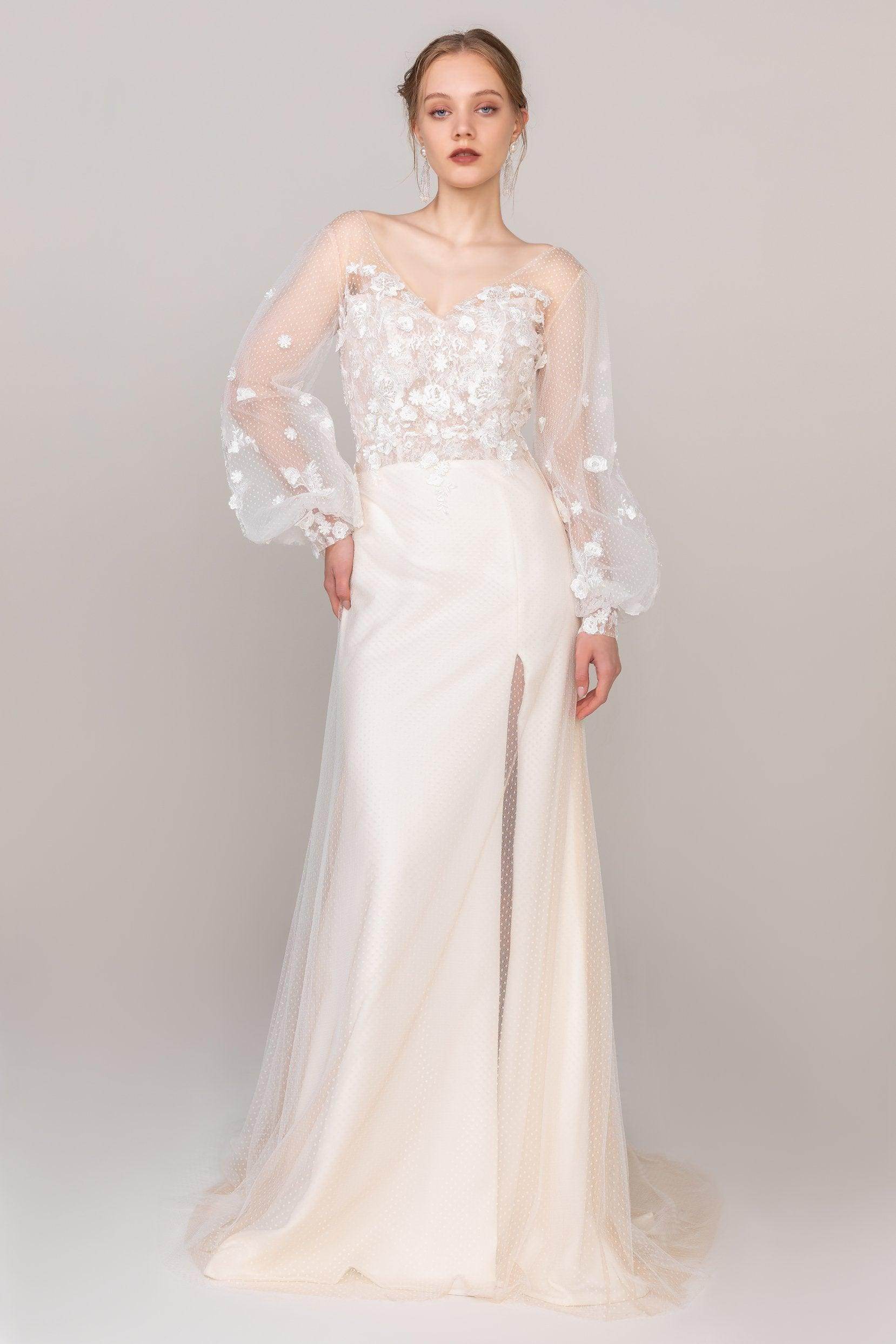 Trumpet Sweep-Brush Train Lace Tulle Wedding Dress CW2473 - COCOMELODY